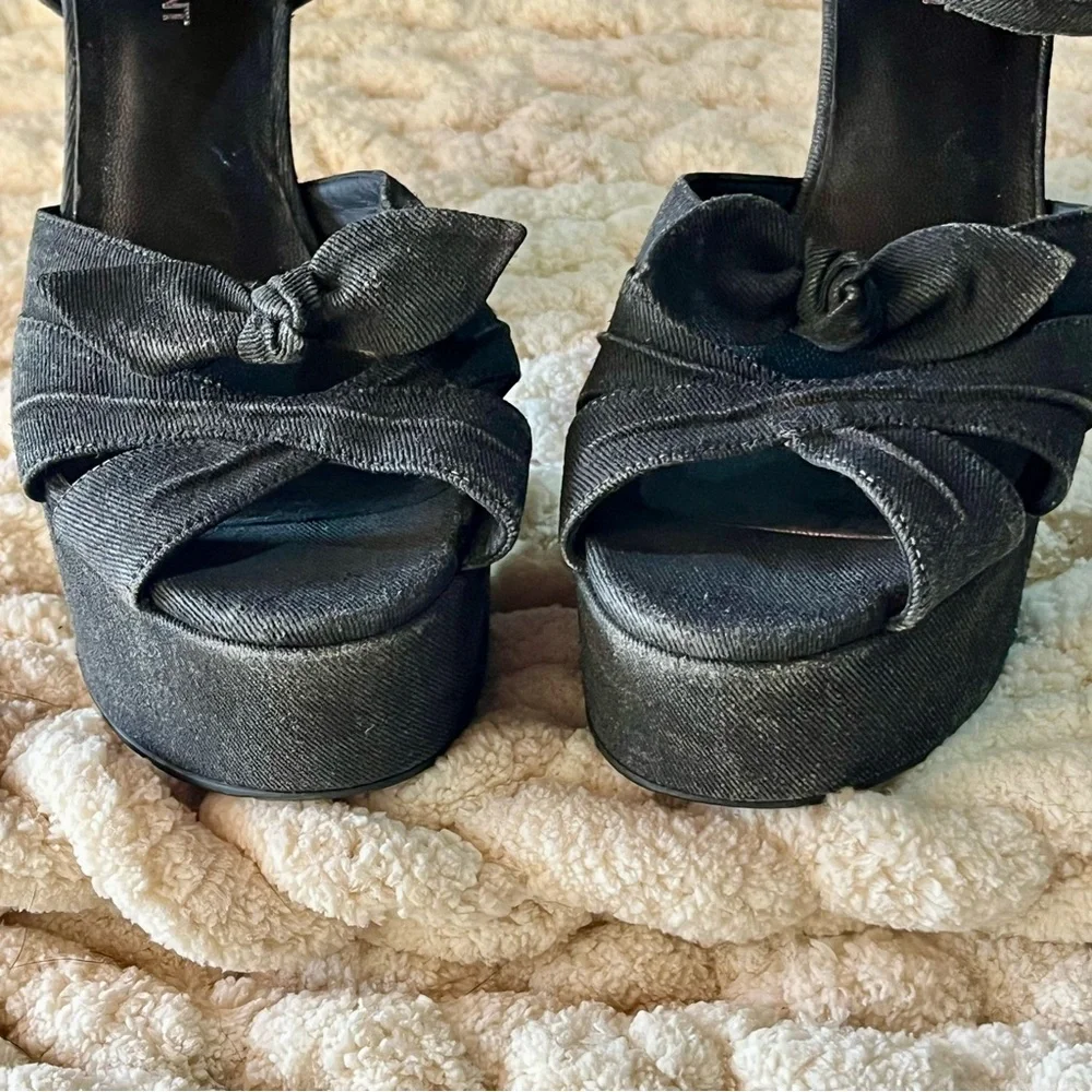 Saint Laurent Candy 80 Bow Black Denim Platform Sandals